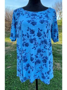 J.Jill Women’s M Floral Tunic Blue Pima Cotton Elbow-Sleeve Casual Office Floral